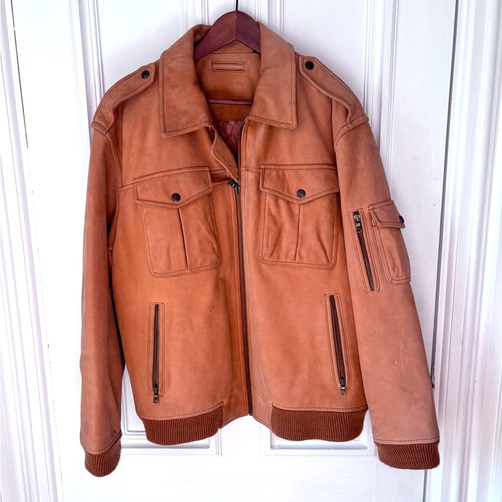 Roundtree & Yorke Tan Leather Lined Zip Front Bomber Jacket Thrashed Large